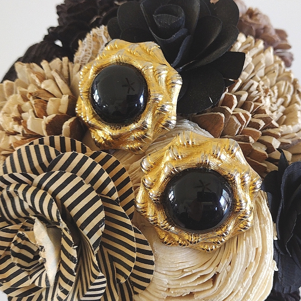 Monet Black Cabochon Gold-Tone Clip Earrings